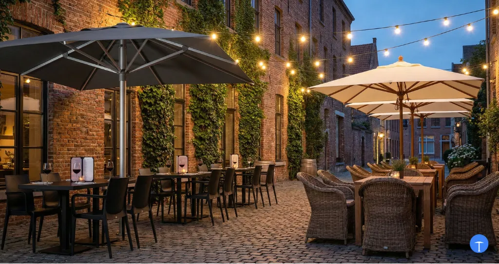 Aluminum vs wood patio umbrella poles in outdoor restaurant showing style differences
