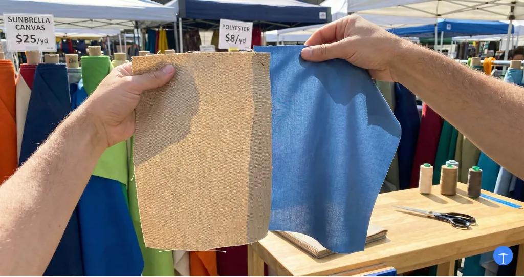 Canvas vs polyester patio umbrella fabric showing thickness and texture comparison