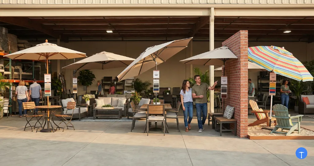 How to choose a patio umbrella comparing five types at outdoor furniture showroom