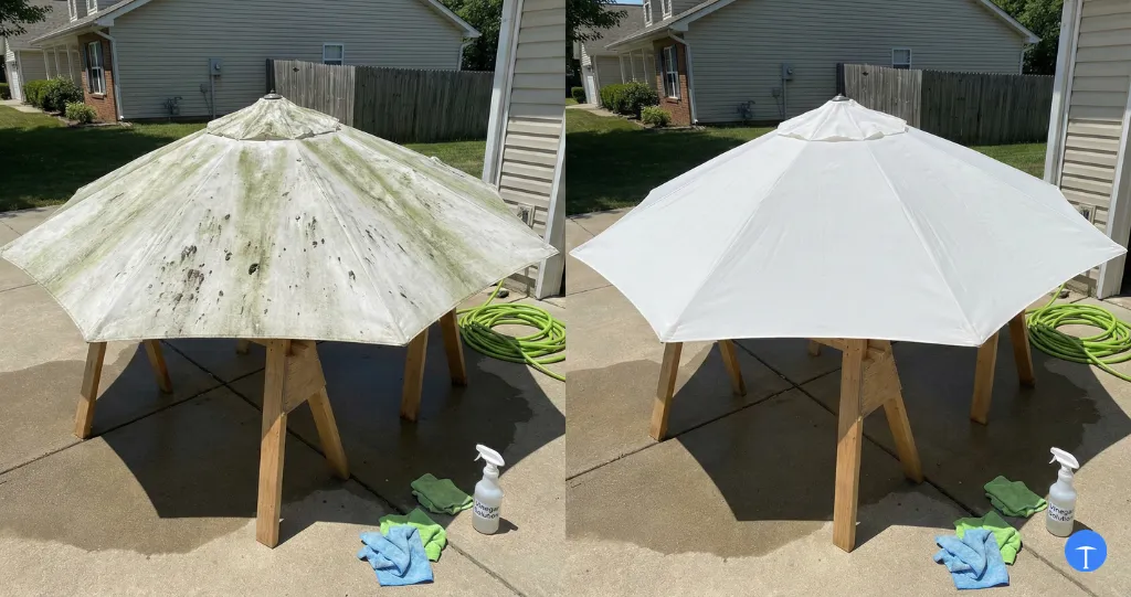 Patio umbrella before and after cleaning showing mildew stain removal results