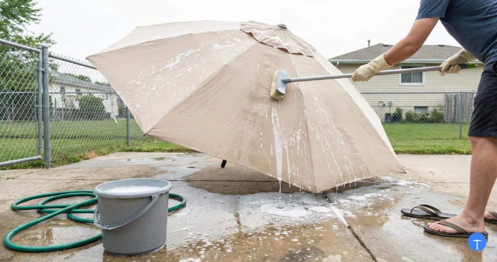 How to clean a patio umbrella with soft brush and soapy water on spring cleaning day