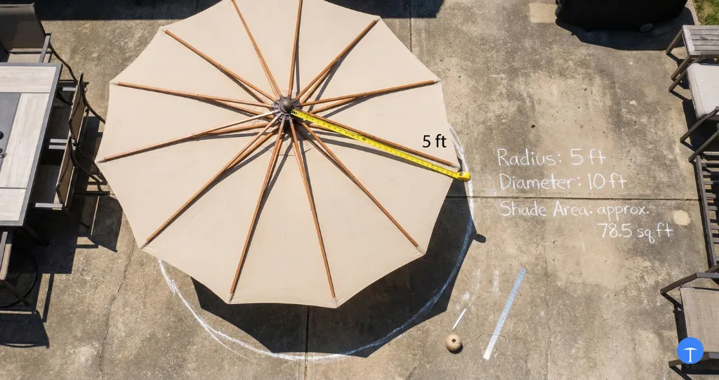 Measuring patio umbrella coverage area from overhead with tape measure and chalk markings