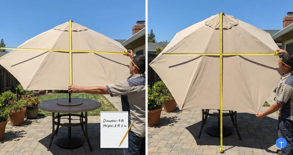 How to measure patio umbrella diameter and height with tape measure across open canopy