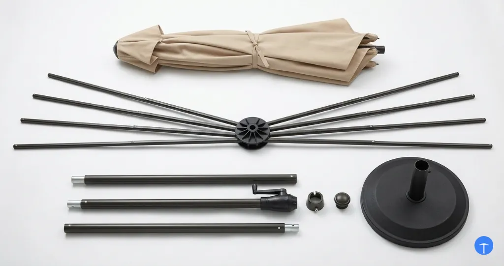 All parts of a patio umbrella labeled including canopy ribs hub pole and crank mechanism