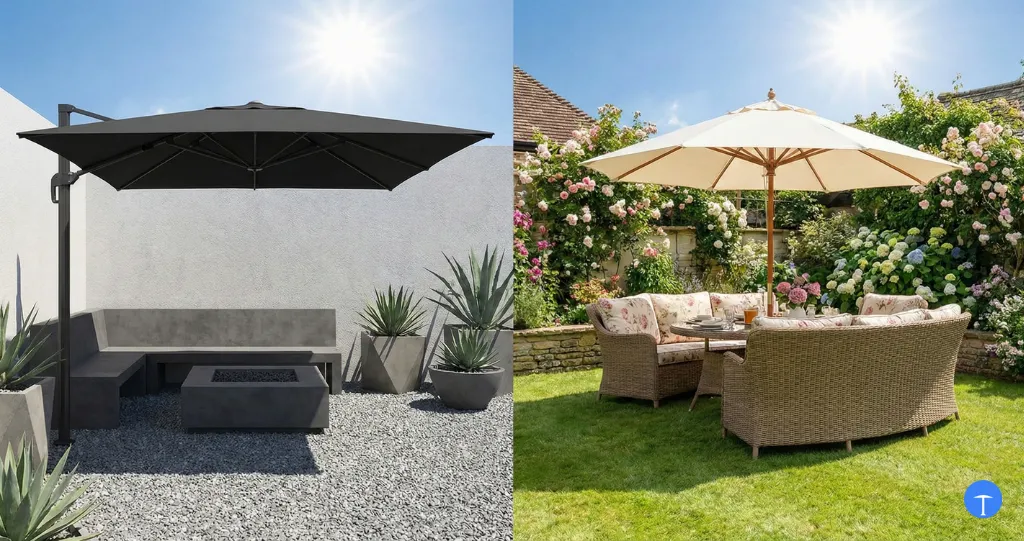 Round vs square patio umbrella matching different furniture styles and aesthetics