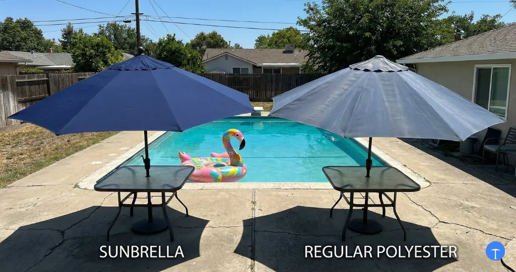 Sunbrella vs regular fabric after years of sun exposure showing fade resistance difference