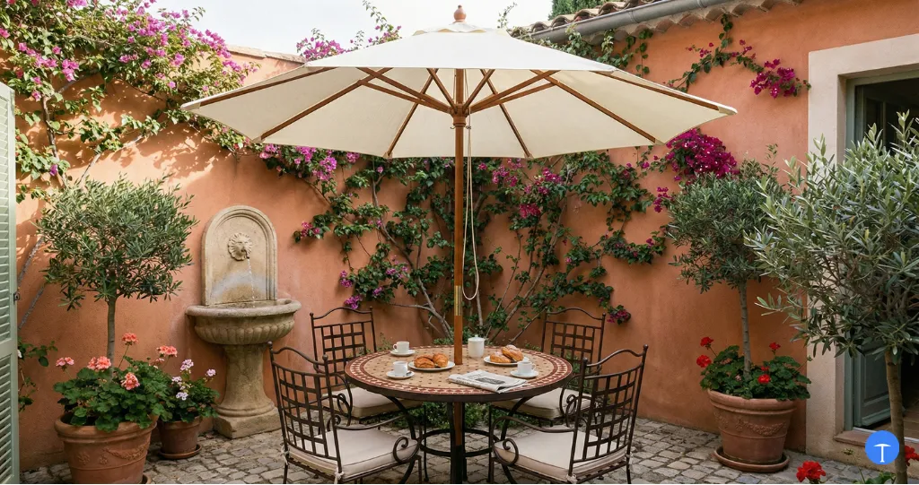 9ft umbrella size for 4 person table providing complete shade coverage in courtyard
