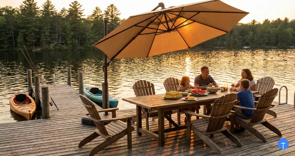 11ft umbrella for 6 person table on lakehouse dock with full seating coverage
