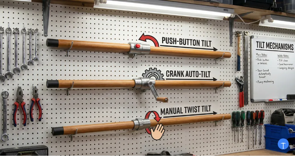 Three umbrella tilt mechanism types mounted for comparison of adjustment methods