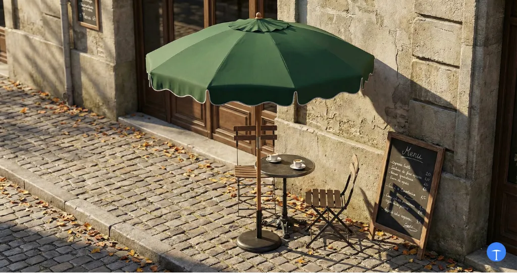 What is a market umbrella showing classic wooden pole design with round canopy over cafe bistro table