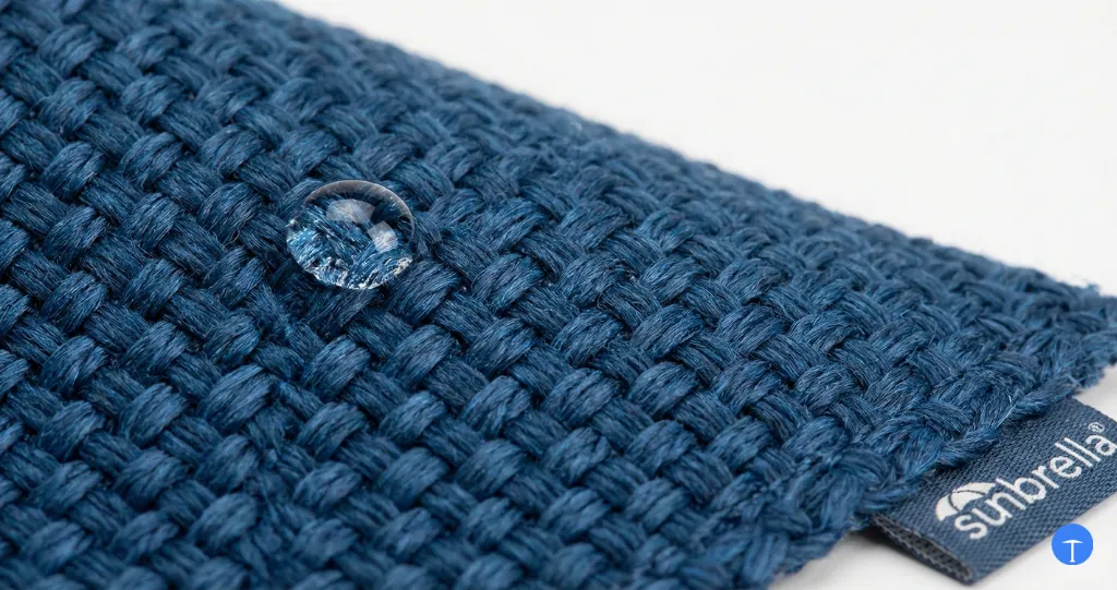 What is Sunbrella fabric showing solution-dyed acrylic fibers and water-resistant weave