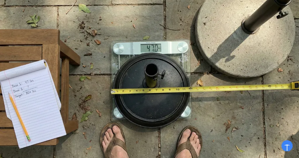 Weighing umbrella base on scale to determine what size base needed for stability